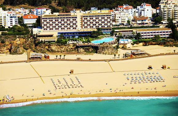 Aerial view of the Hotel Algarve Casino overlooking the Praia da Rocha beach