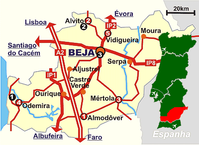 Odemira and Serpa location in Alentejo, South of Portugal map